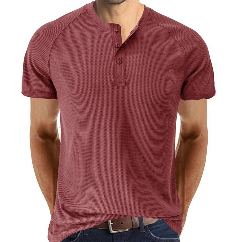 Chemise Henley classique en tricot gaufré pour hommes - manches courtes, confort respirant, coupe régulière