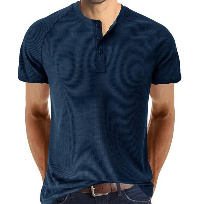 Chemise Henley classique en tricot gaufré pour hommes - manches courtes, confort respirant, coupe régulière