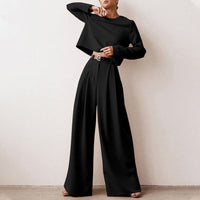 Ensemble lounge 2 pièces pour femmes - Top court chic et pantalon large confortable en noir pour les sorties décontractées - Mode tendance et décontractée