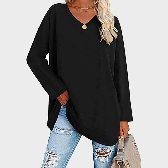 Chemisier tunique à manches longues et col en V, confortable et décontracté, pour femmes - parfait pour un look quotidien décontracté dans un tissu doux