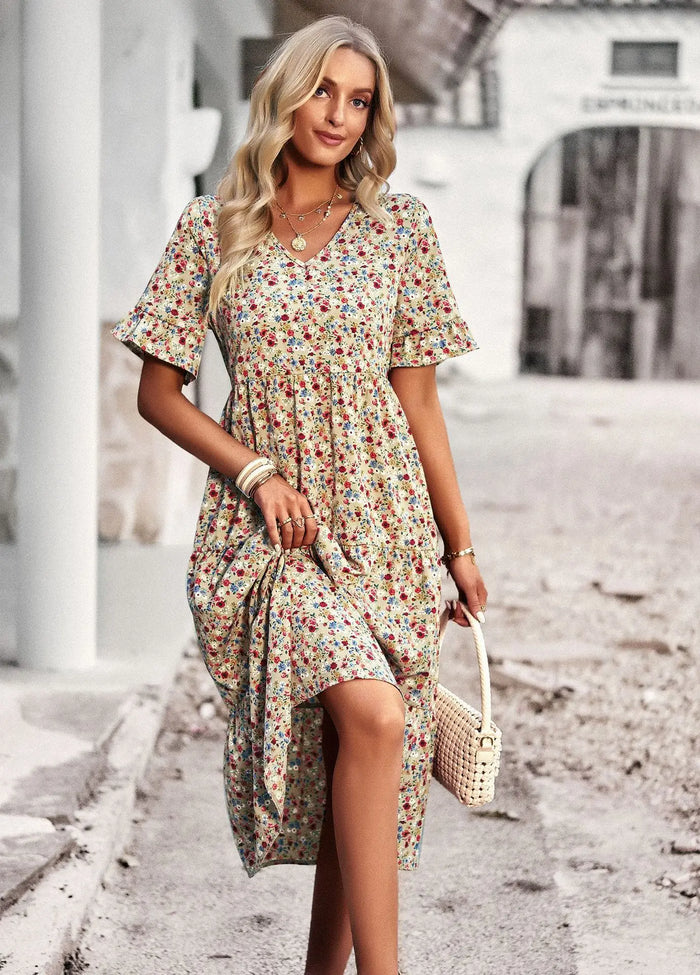 Élégant manteau de kurzarm imprimé floral avec une écharpe en V en tissu léger
