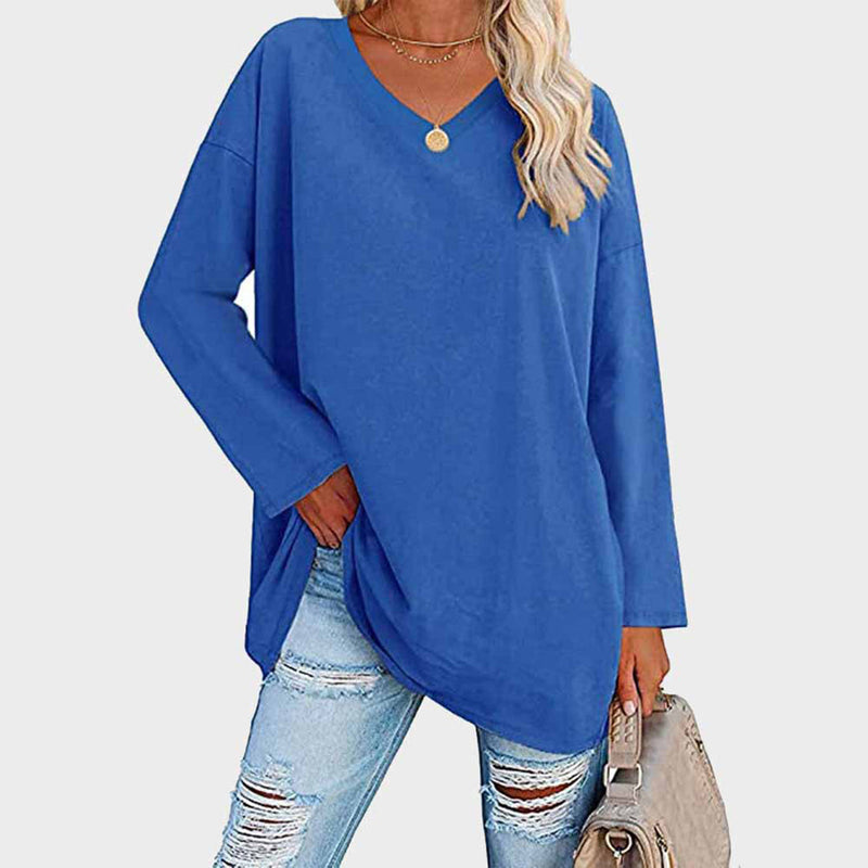 Chemisier tunique à manches longues et col en V, confortable et décontracté, pour femmes - parfait pour un look quotidien décontracté dans un tissu doux