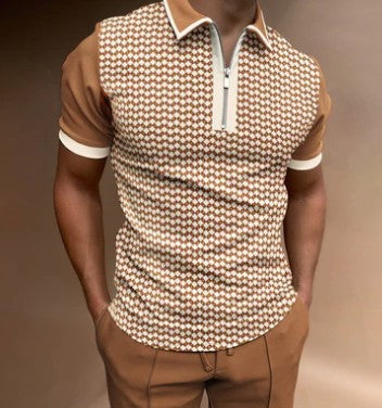 Polo pour homme en coton ajusté avec cierre de cremallera et diseño a rayas retro - Manga corta