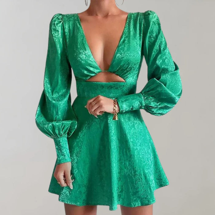 Robe midi élégante avec encolure en V et manches lanternes - Lora