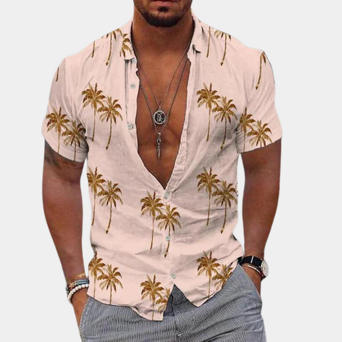 Camisole de manga corta con botones - Ajuste relajado - Estampado tropical de palmeras - Ropa casual asequible