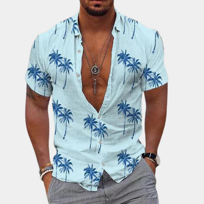 Camisole de manga corta con botones - Ajuste relajado - Estampado tropical de palmeras - Ropa casual asequible