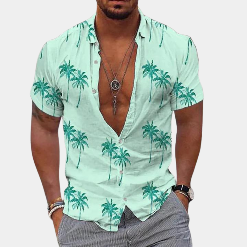 Camisole de manga corta con botones - Ajuste relajado - Estampado tropical de palmeras - Ropa casual asequible