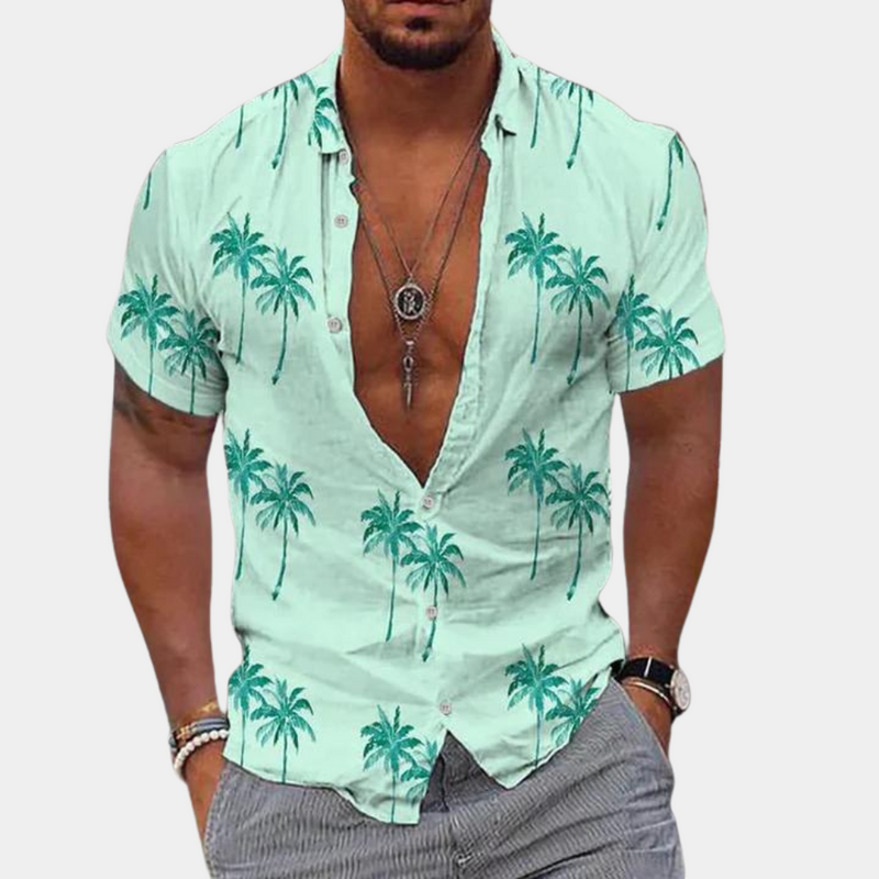 Camisole de manga corta con botones - Ajuste relajado - Estampado tropical de palmeras - Ropa casual asequible