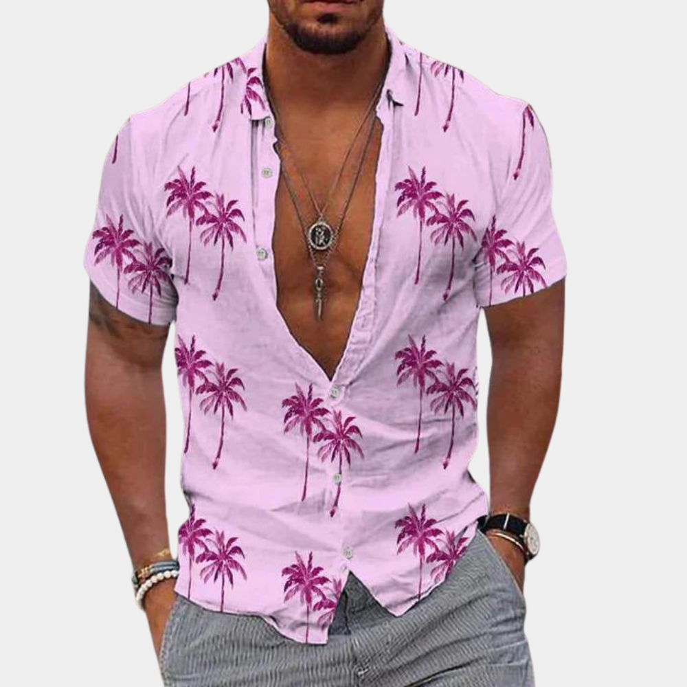 Camisole de manga corta con botones - Ajuste relajado - Estampado tropical de palmeras - Ropa casual asequible