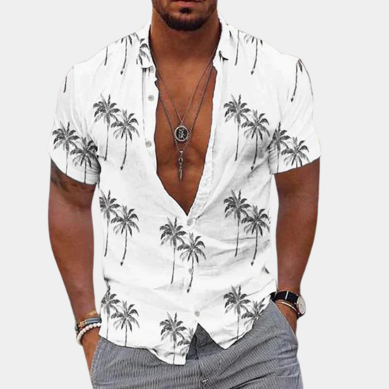 Camisole de manga corta con botones - Ajuste relajado - Estampado tropical de palmeras - Ropa casual asequible