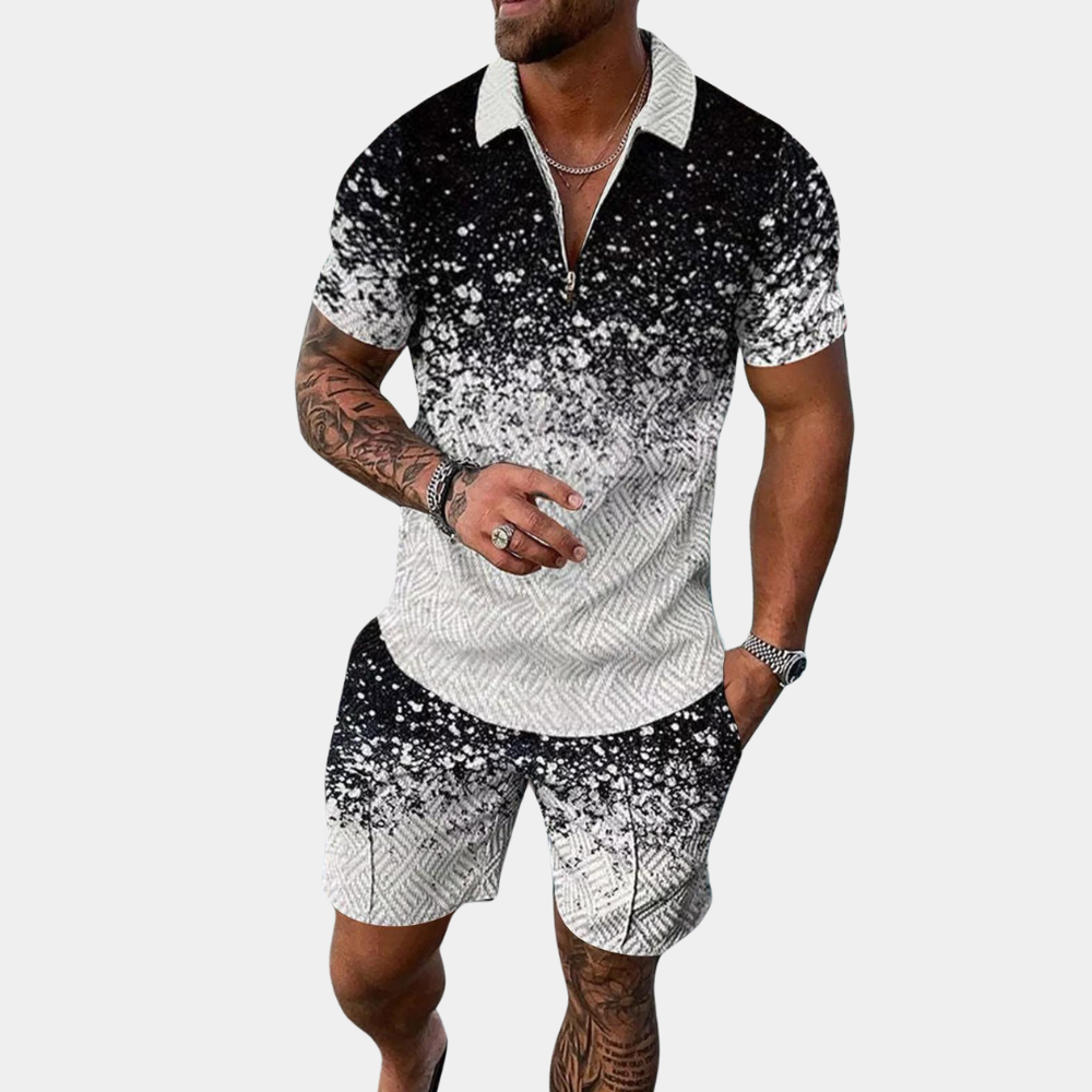 Ensemble 2 pièces élégant pour hommes avec motif géométrique, fermeture à glissière et manches courtes