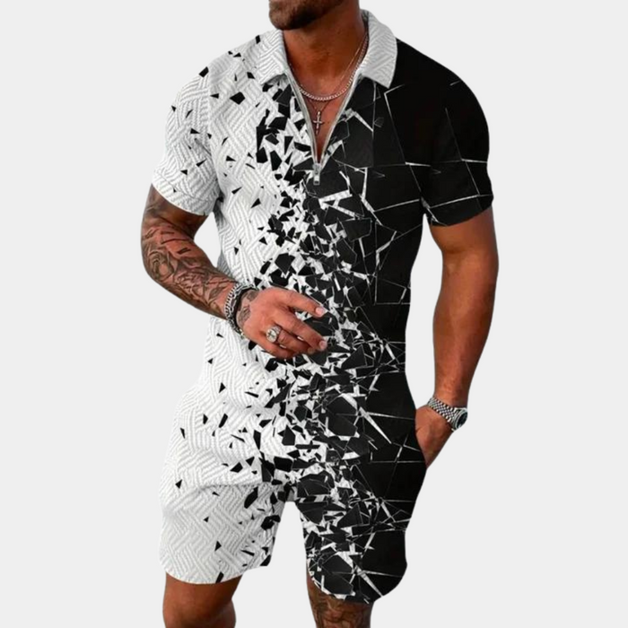 Ensemble 2 pièces élégant pour hommes avec motif géométrique, fermeture à glissière et manches courtes