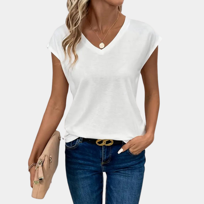 Élégant T-shirt blanc à col en V pour femmes - parfait pour une tenue décontractée