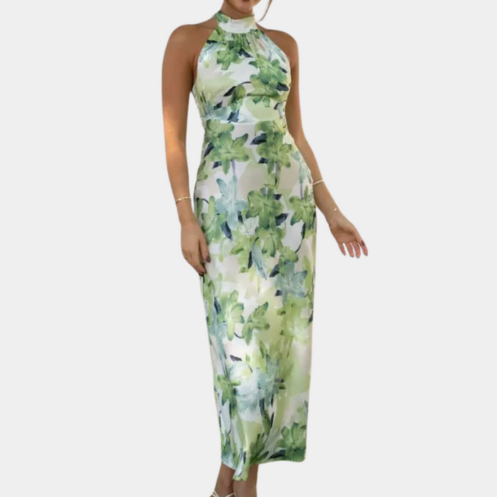 Robe féminine chic à col licou floral - sans manches longueur midi Parfaite pour les occasions élégantes et les journées d'été