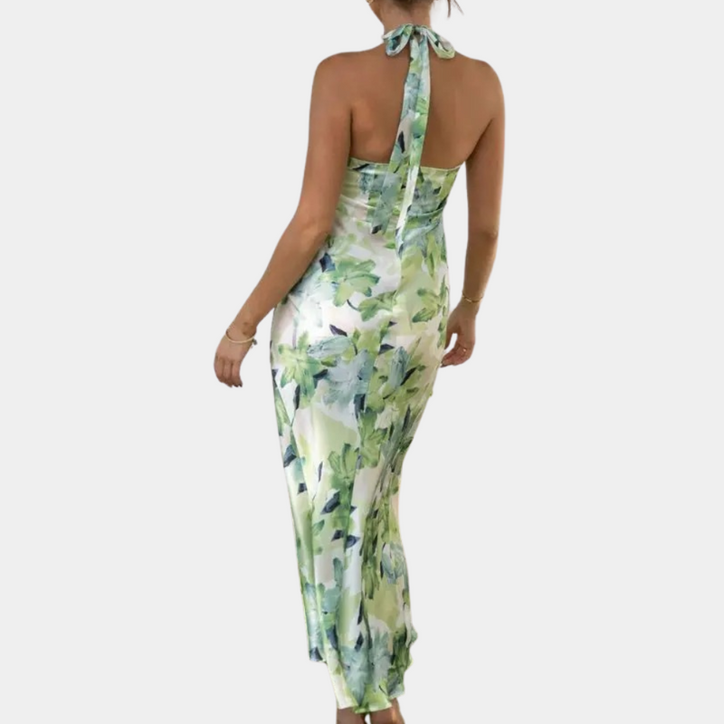 Robe féminine chic à col licou floral - sans manches longueur midi Parfaite pour les occasions élégantes et les journées d'été
