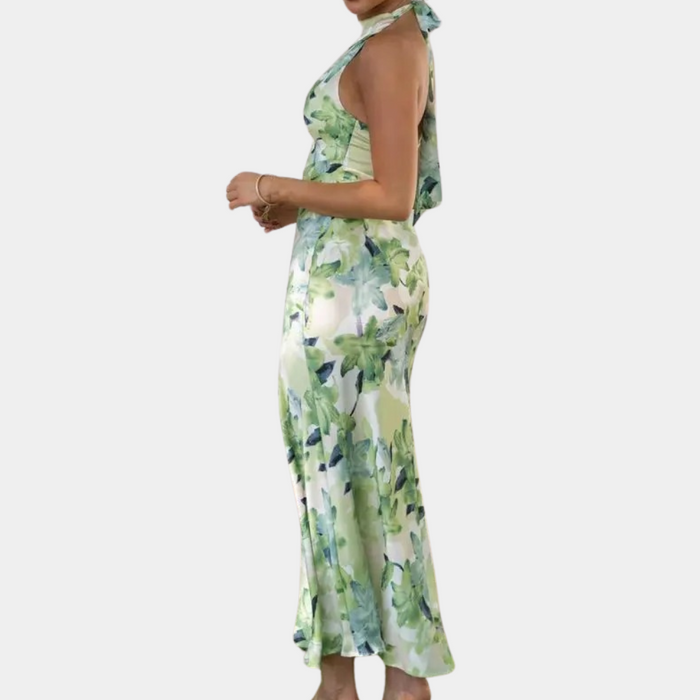 Robe féminine chic à col licou floral - sans manches longueur midi Parfaite pour les occasions élégantes et les journées d'été