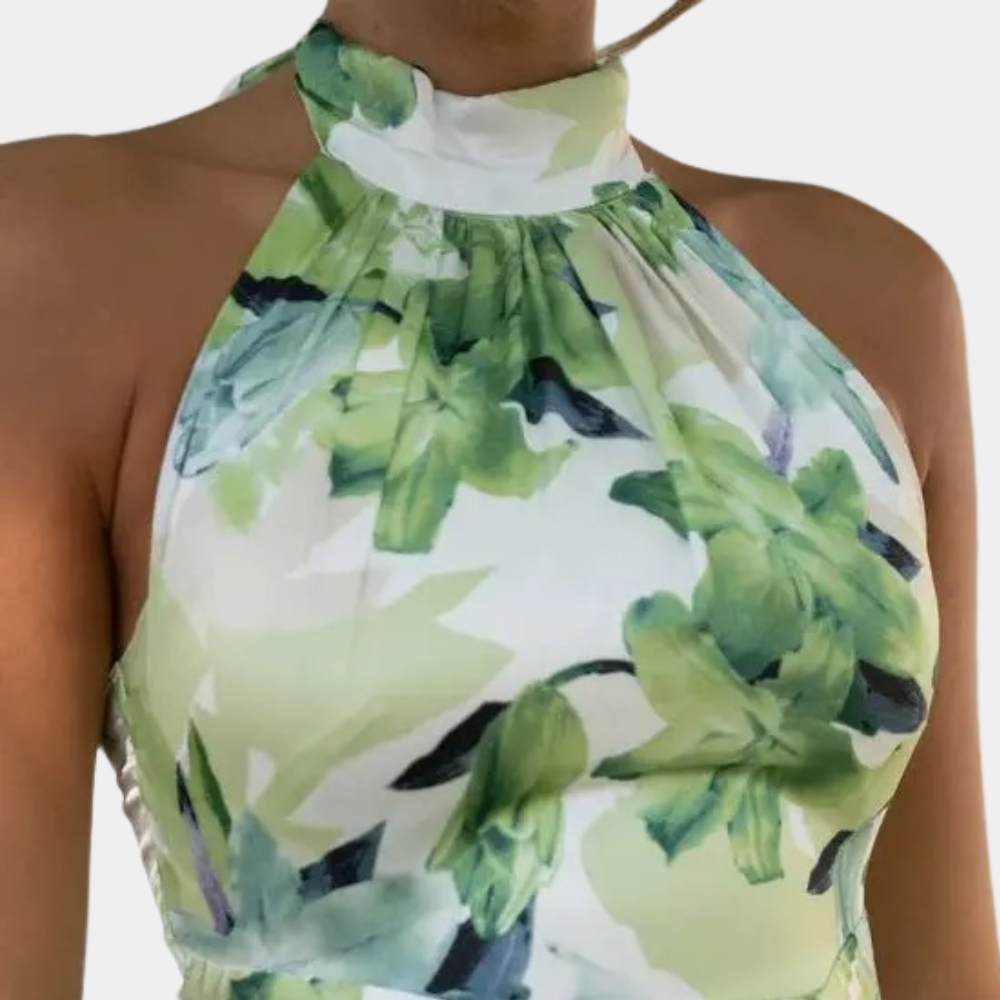 Robe féminine chic à col licou floral - sans manches longueur midi Parfaite pour les occasions élégantes et les journées d'été