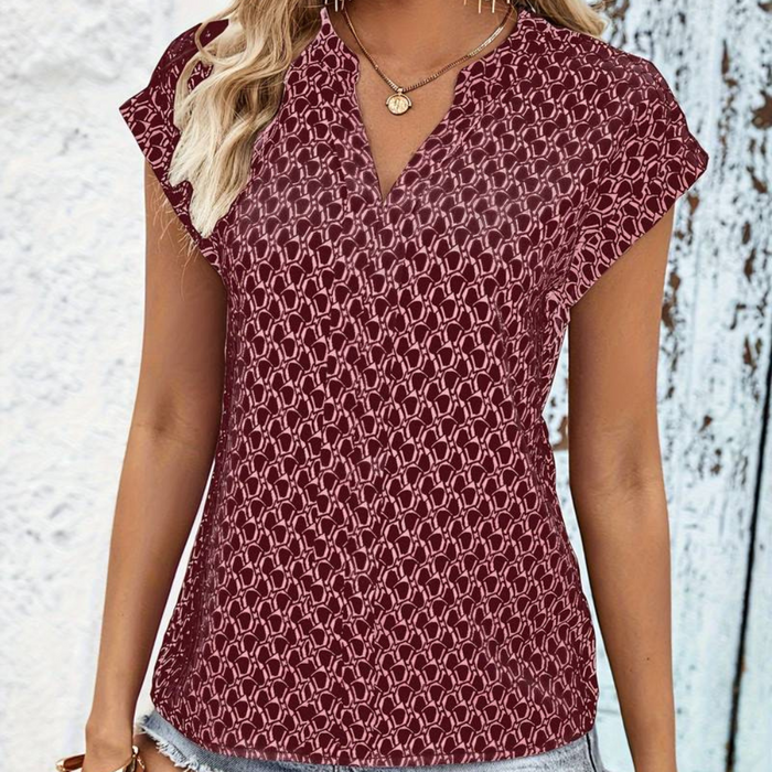 Bernice - T-shirt tendance à col en V avec motif géométrique stylisé et manches courtes