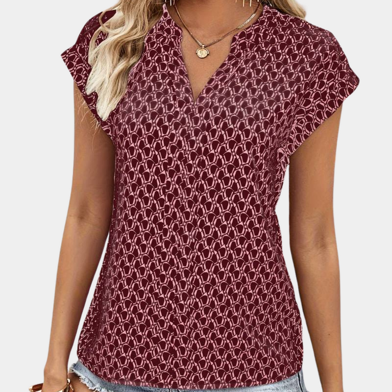 Bernice - T-shirt tendance à col en V avec motif géométrique stylisé et manches courtes
