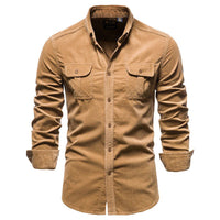 Chemise en velours côtelé pour hommes - Manches longues - Boutonnée - Col à pointes - Poches sur la poitrine