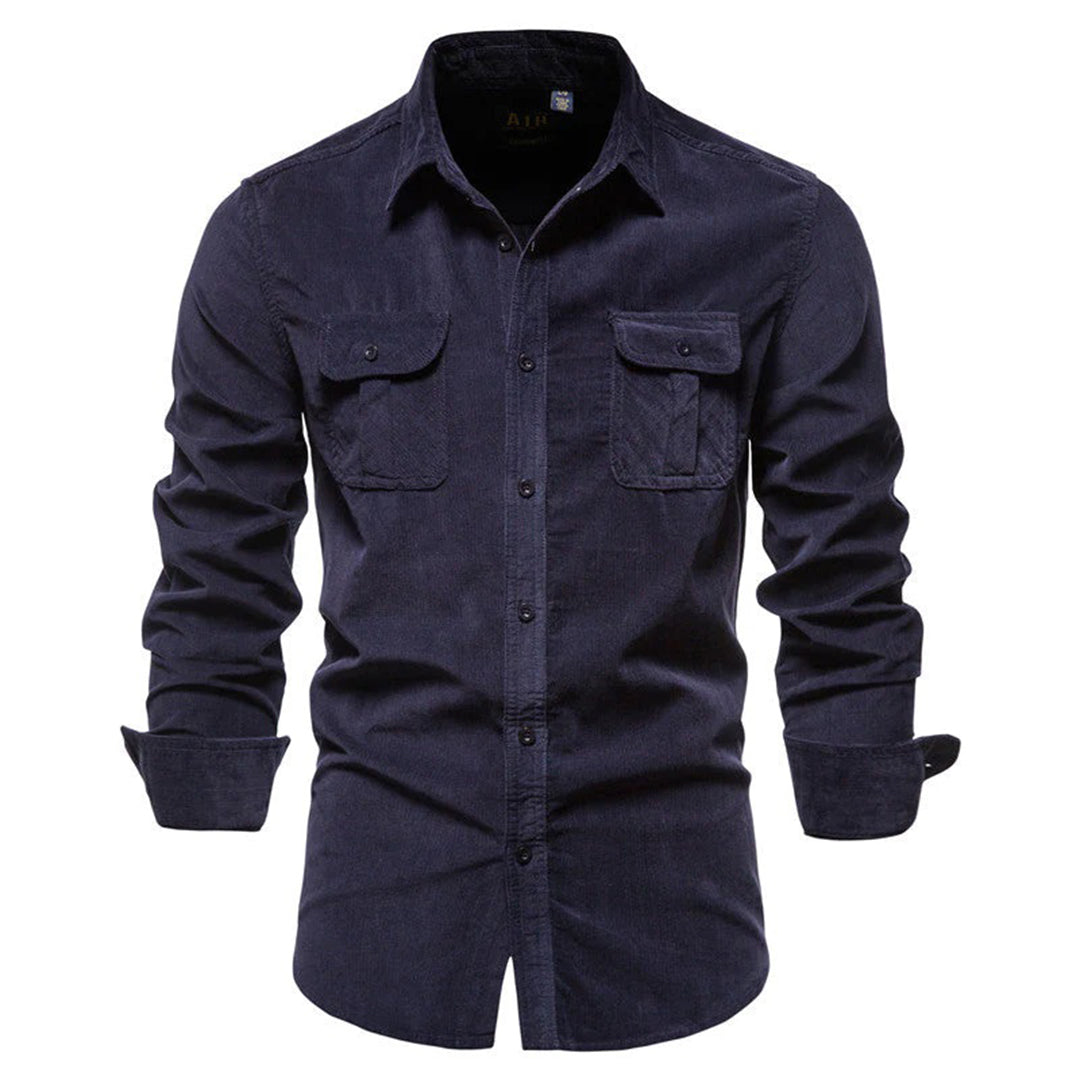 Chemise en velours côtelé pour hommes - Manches longues - Boutonnée - Col à pointes - Poches sur la poitrine