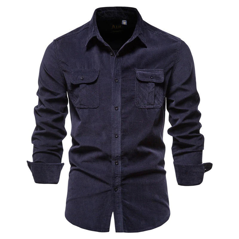 Chemise en velours côtelé pour hommes - Manches longues - Boutonnée - Col à pointes - Poches sur la poitrine