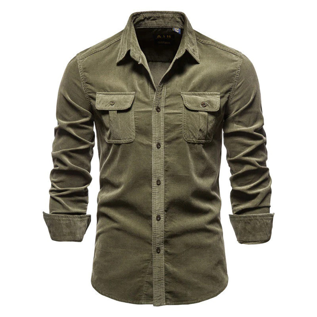 Chemise en velours côtelé pour hommes - Manches longues - Boutonnée - Col à pointes - Poches sur la poitrine