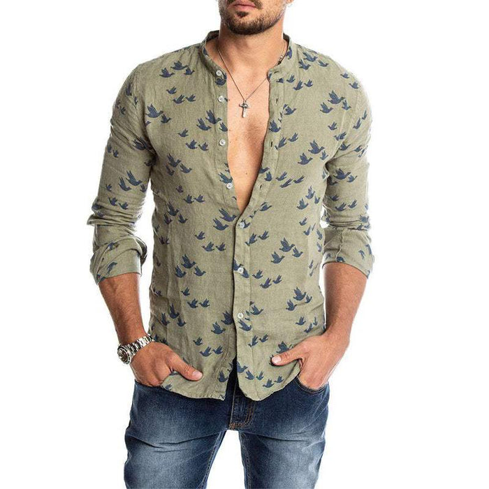 Camisa de manga larga para hombre con estampado de aves, cuello mandarín y estilo casual transpirable