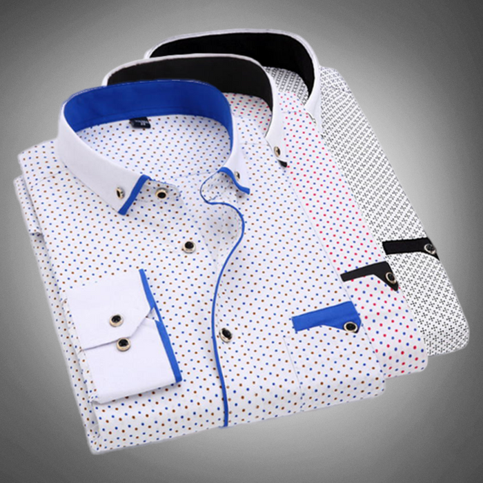 Chemise habillée pour hommes - Motif à pois - Col à pointes - Manches longues - Poignets à boutons