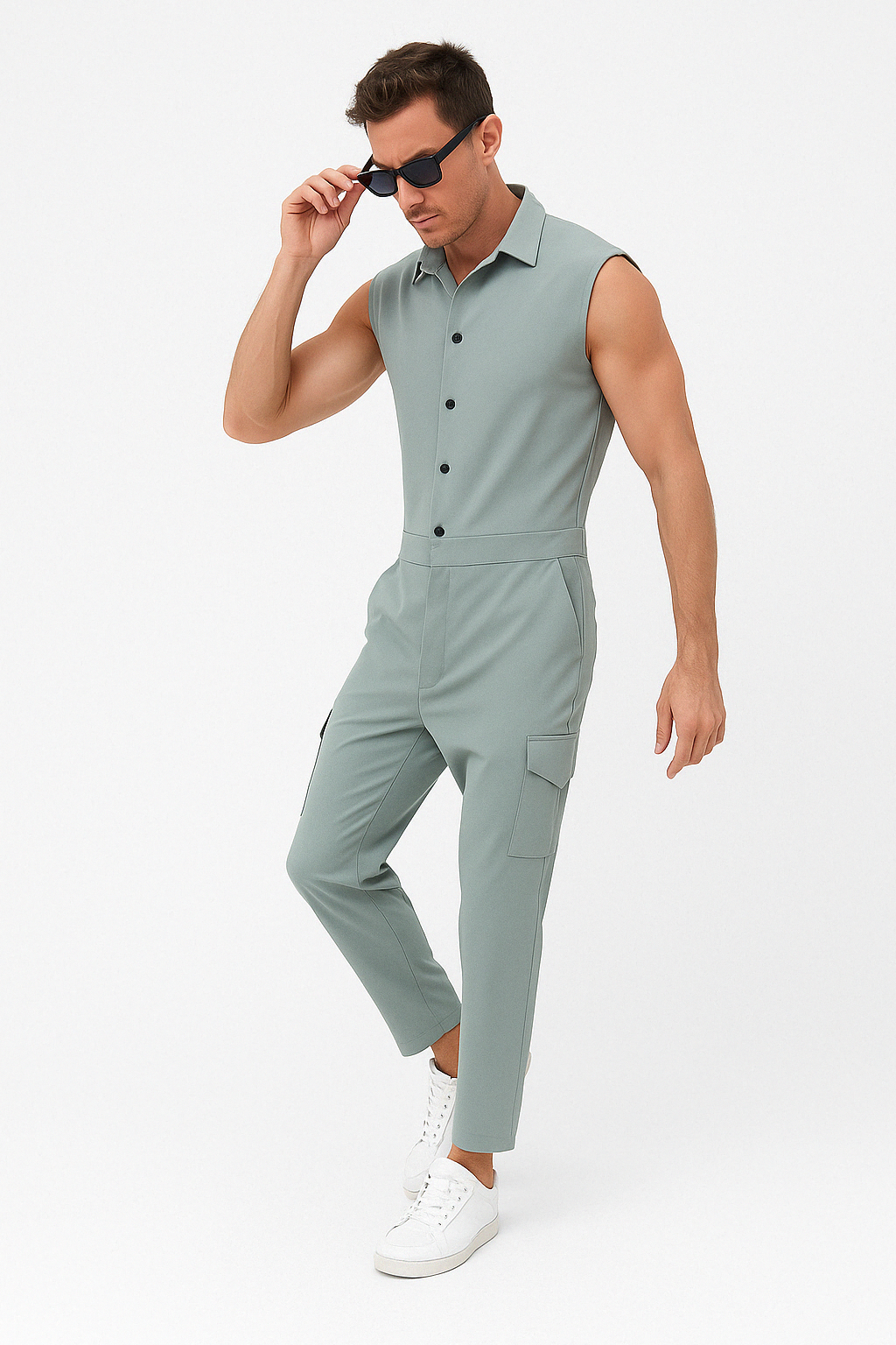 Combinaison Homme Slim Fit Sans Manches avec Boutonnage, Col Chemise et Poches Cargo