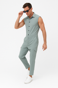 Combinaison Homme Slim Fit Sans Manches avec Boutonnage, Col Chemise et Poches Cargo