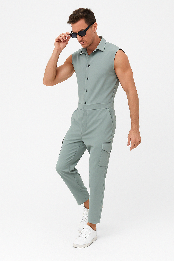 Combinaison Homme Slim Fit Sans Manches avec Boutonnage, Col Chemise et Poches Cargo