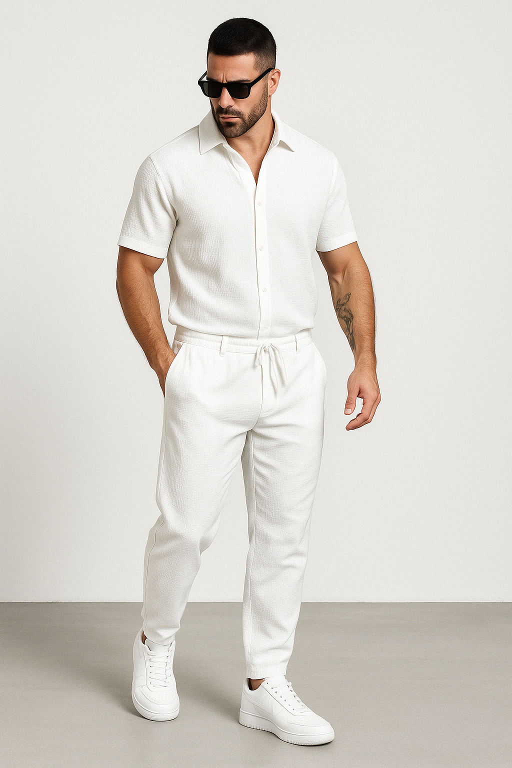 Chemise décontractée pour homme - Mélange coton lin - Coupe régulière - Manches courtes - Fermeture à boutons