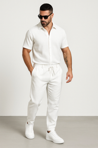 Chemise décontractée pour homme - Mélange coton lin - Coupe régulière - Manches courtes - Fermeture à boutons