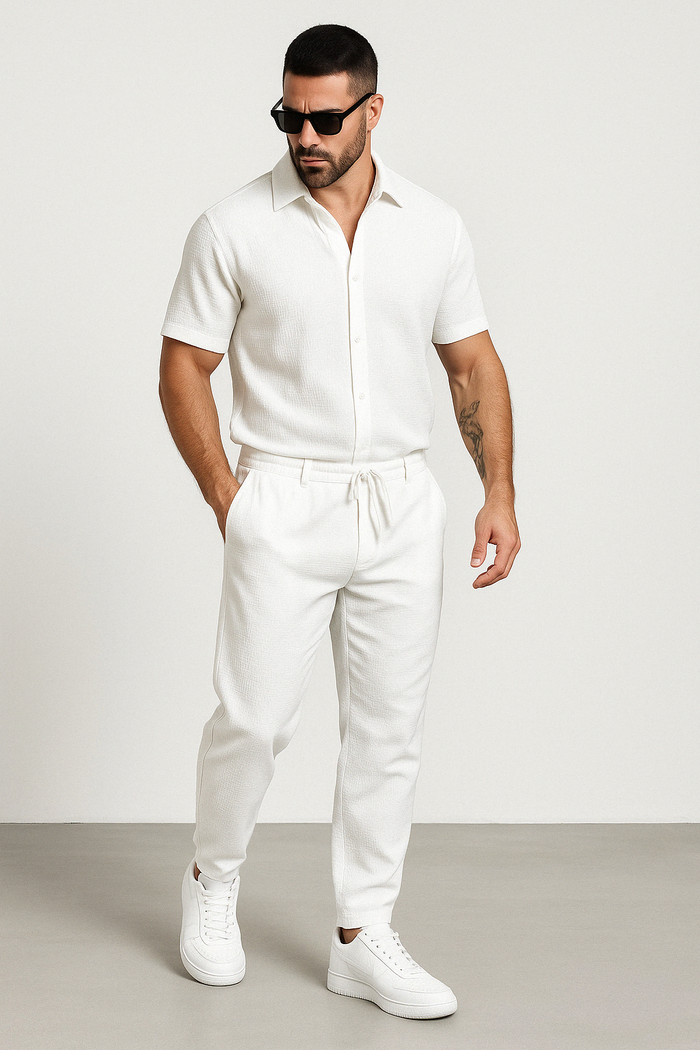 Chemise décontractée pour homme - Mélange coton lin - Coupe régulière - Manches courtes - Fermeture à boutons