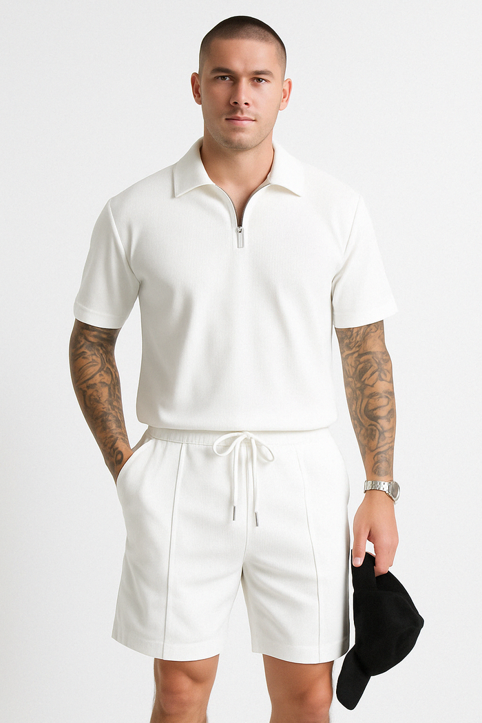 Ensemble Polo et Short pour Homme - Coupe Décontractée - Col à Glissière - Taille à Drawstring - Coton Respirant