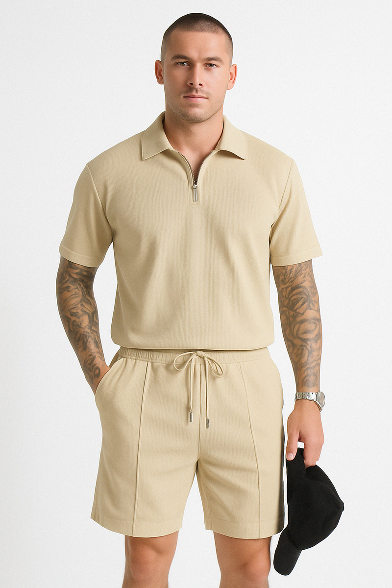 Ensemble Polo et Short pour Homme - Coupe Décontractée - Col à Glissière - Taille à Drawstring - Coton Respirant