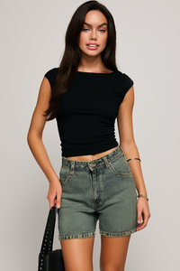 Short en Jean pour Femmes - Coupe Mid-Rise Décontractée - Poches Multiples - Fermeture à Bouton - Style Casual