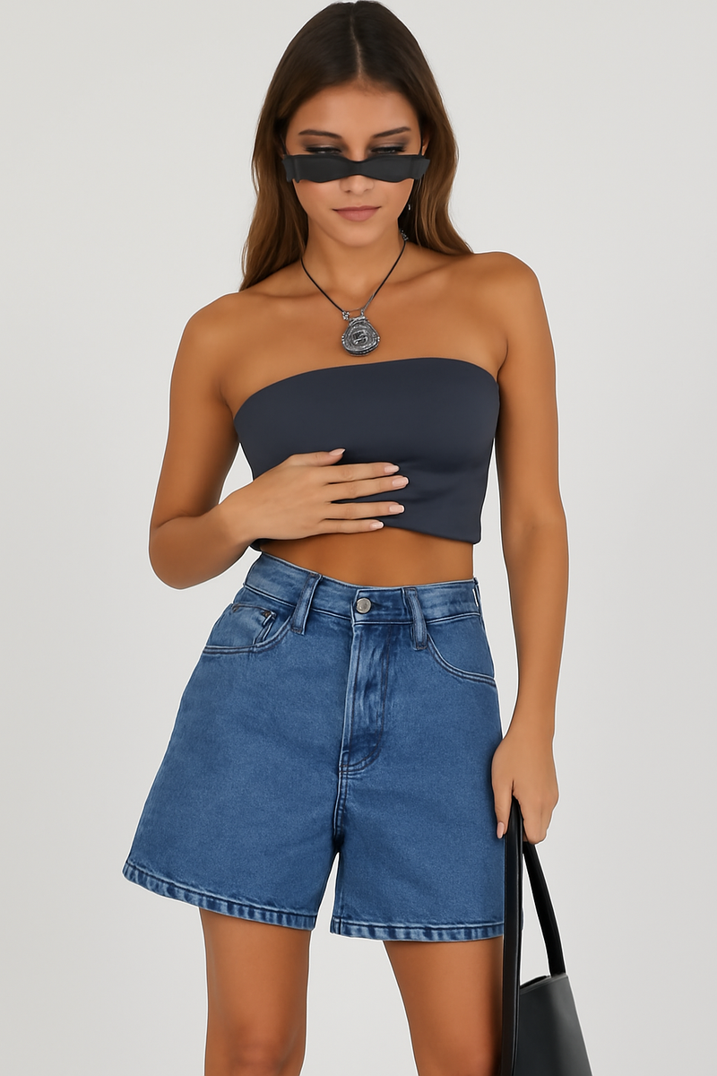 Short en Jean pour Femmes - Coupe Mid-Rise Décontractée - Poches Multiples - Fermeture à Bouton - Style Casual