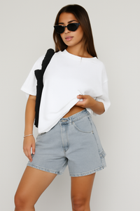 Short en Jean pour Femmes - Coupe Mid-Rise Décontractée - Poches Multiples - Fermeture à Bouton - Style Casual