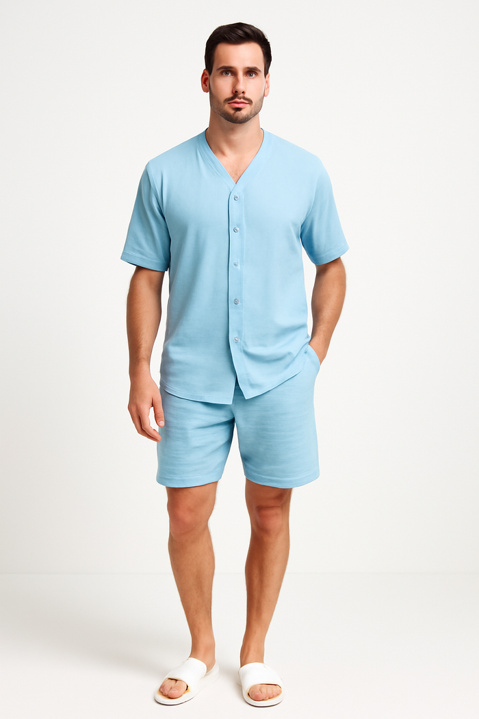 Ensemble Homme Deux Pièces - Chemise à V Boutons - Shorts Relaxés en Coton Respirant