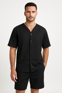 Ensemble Homme Deux Pièces - Chemise à V Boutons - Shorts Relaxés en Coton Respirant