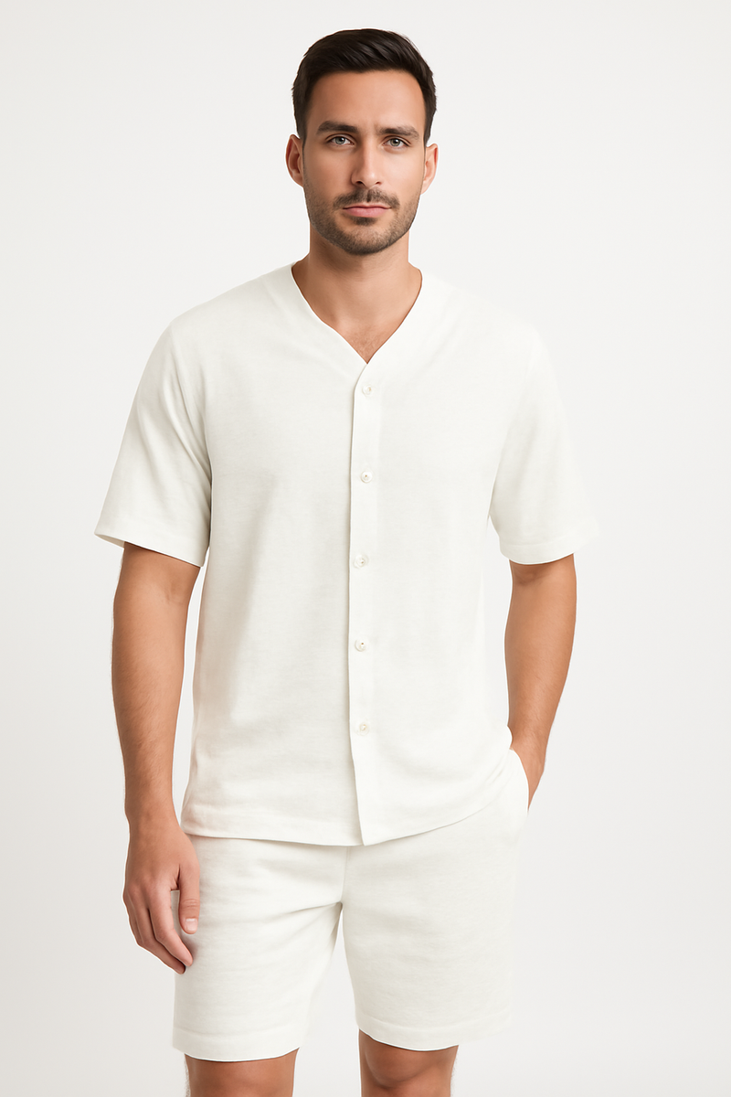 Ensemble Homme Deux Pièces - Chemise à V Boutons - Shorts Relaxés en Coton Respirant
