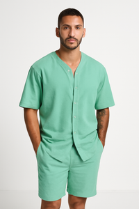 Ensemble Homme Deux Pièces - Chemise à V Boutons - Shorts Relaxés en Coton Respirant