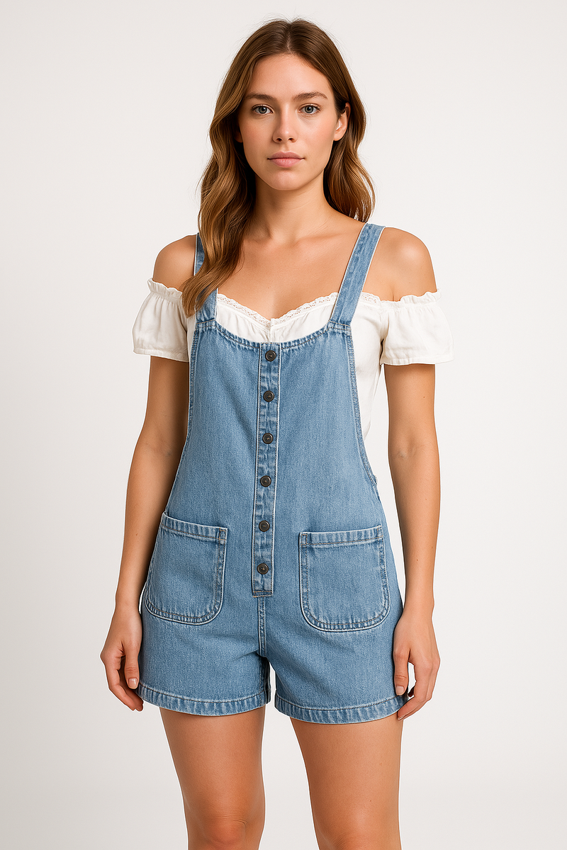 Shorts en jean décontractés pour femmes avec Bretelles ajustables, bouton devant et poches pratiques