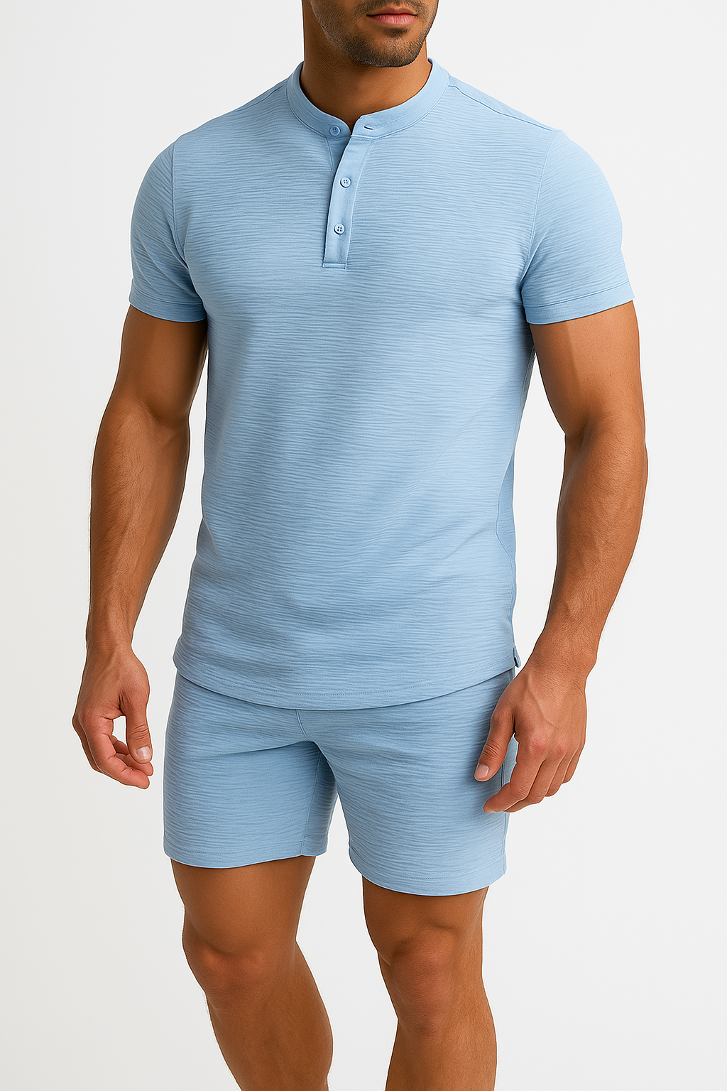 Set Casual pour Hommes - Mélange Coton Lin - Chemise Henley Slim Fit & Short Relaxed