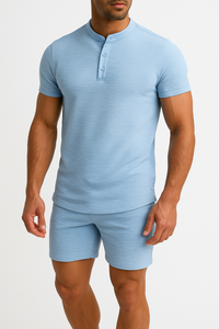 Set Casual pour Hommes - Mélange Coton Lin - Chemise Henley Slim Fit & Short Relaxed