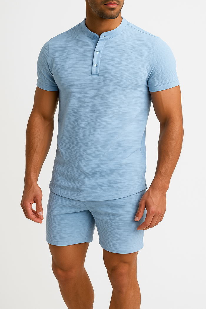 Set Casual pour Hommes - Mélange Coton Lin - Chemise Henley Slim Fit & Short Relaxed