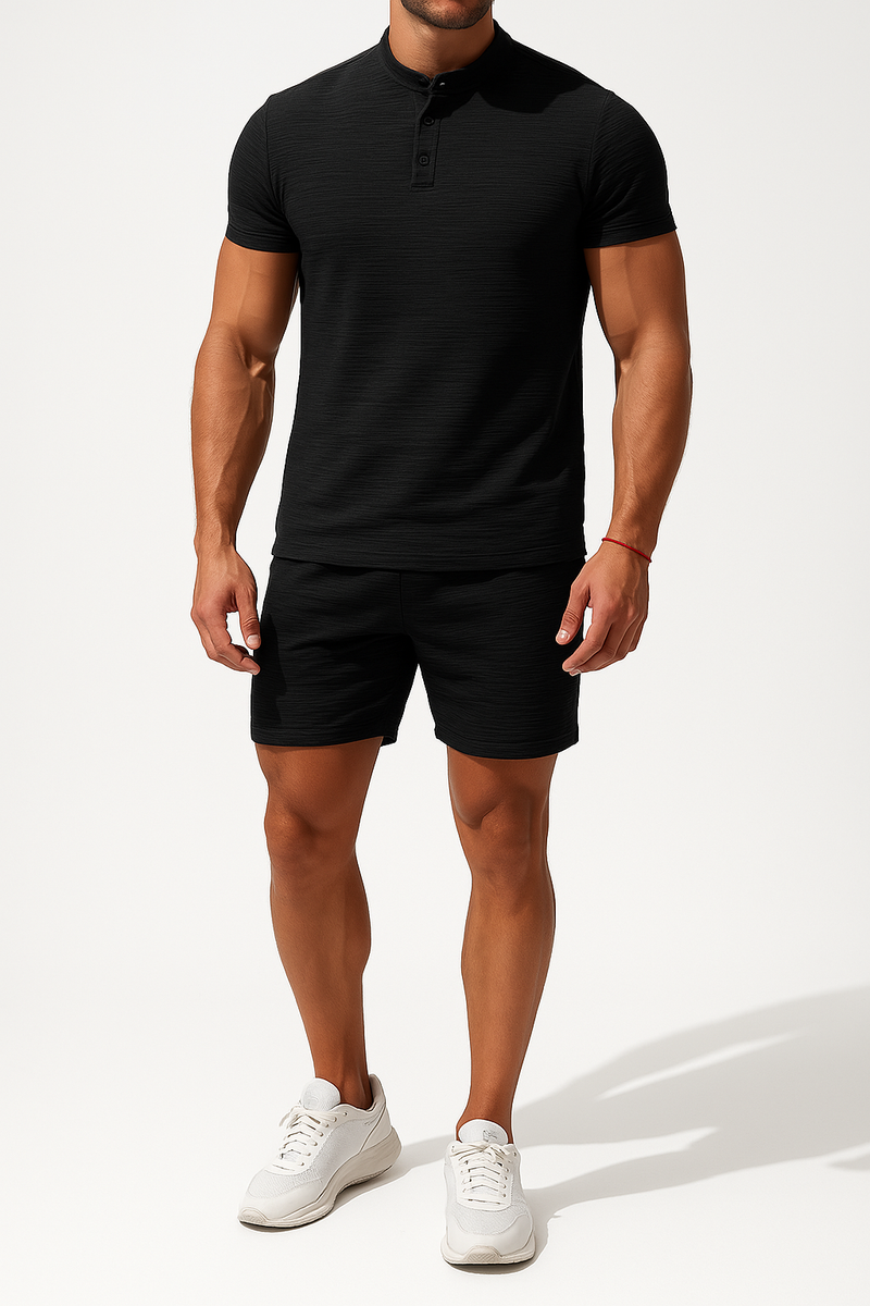 Set Casual pour Hommes - Mélange Coton Lin - Chemise Henley Slim Fit & Short Relaxed