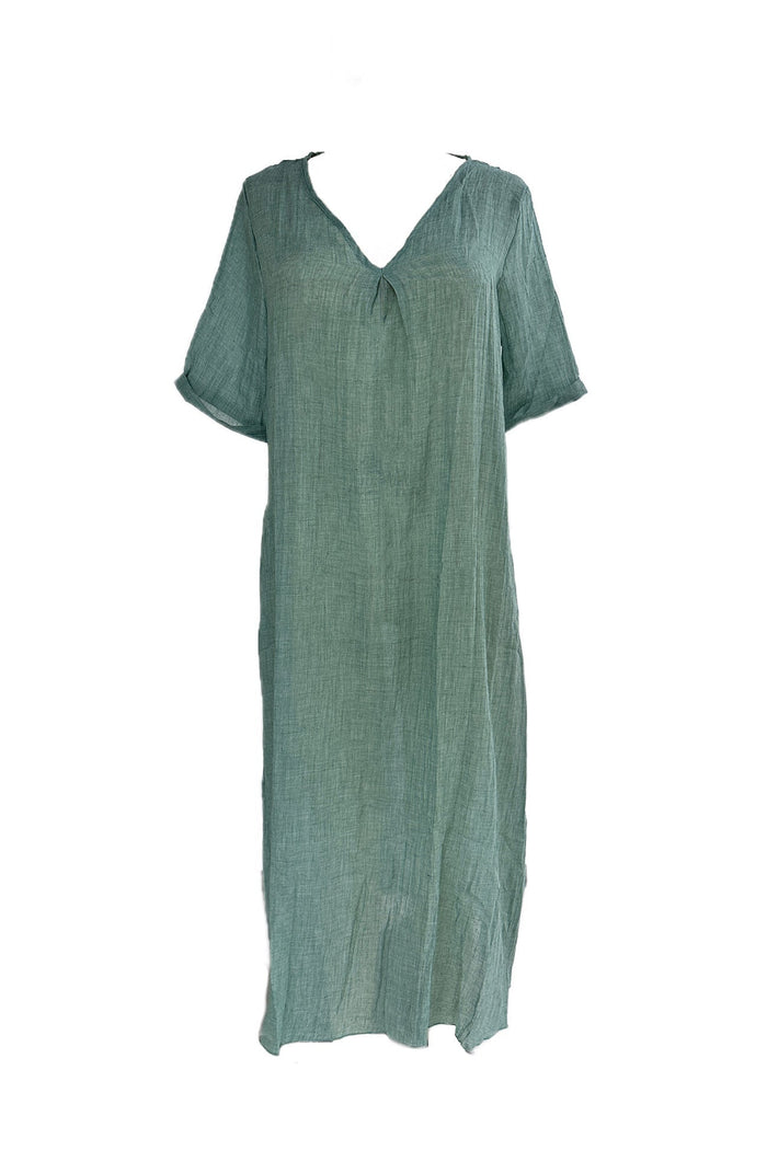 Élégante robe midi en lin à col en V et manches courtes - Respirante, légère et confortable